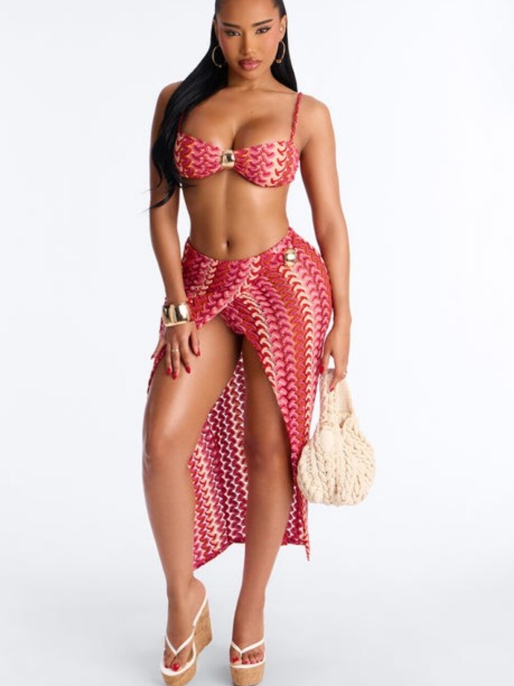 FashionNova Red Printed Bikini Top and Wrap Skirt Swim Set